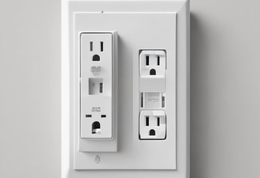 White electrical wall outlet with multiple vertical and horizontal plug sockets for home power.
