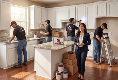 Red Dot home renovation team performing kitchen repairs, painting, and cleaning services for a smiling professional client.