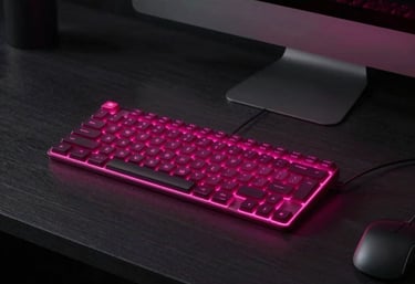 A minimalist Dutch designer desk with a neon magenta keyboard highlight in a dark room.