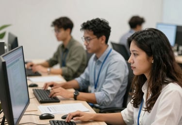 Team collaborating around a laptop showing Oracle HCM Cloud dashboards.