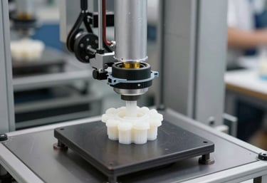 Close-up of a glowing neon 3D printer nozzle crafting a detailed model in a dark futuristic workspace.