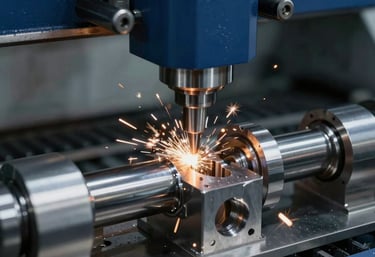 Precision CNC milling machine drilling a metal part with sparks flying in a factory.