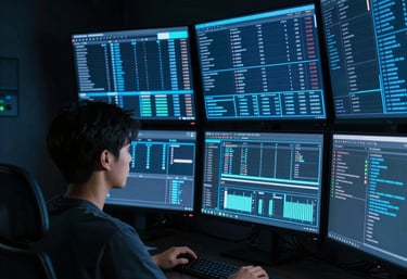 A sleek workspace with dual monitors displaying AI code and aerospace schematics side by side.