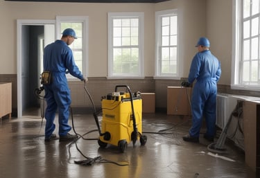 Team of specialists performing mold remediation in a residential basement.