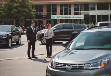 A lineup of rental vehicles including pickup trucks, minivans, and compact cars ready for customers.