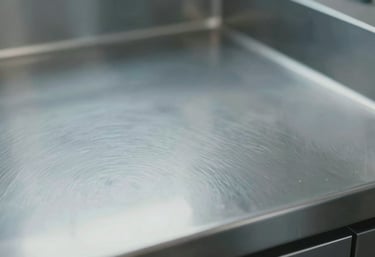 Macro photography of a polished steel kitchen surface, reflecting high-quality maintenance, minimalist and clean, using #8DAABF tones.