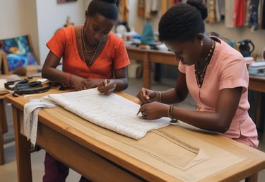 A skilled tailor carefully hand-stitching vibrant African fabric in a bright Lagos studio.