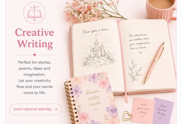 Pink creative writing journals with a gold pen, coffee, and floral stationery on a desk.