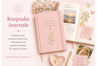 Pink keepsake journals with gold foil lettering surrounded by photos, flowers, and stationery on a flat lay desk.