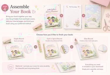 Infographic showing how to assemble a DIY children's story planner using staple, spiral, or glue binding methods.