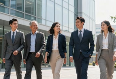 A group of successful North American professionals smiling and walking together outside a bright, glass-facade corporate office building.