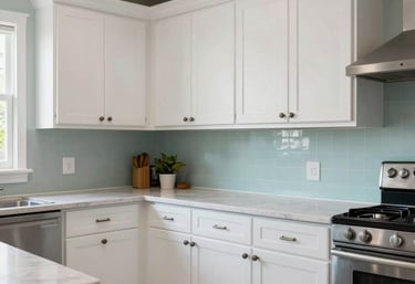 A residential kitchen in South Florida / US that has been perfectly restored, featuring white cabinetry and crisp teal accents.