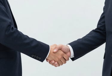 A warm handshake between two professionals in a modern office setting.