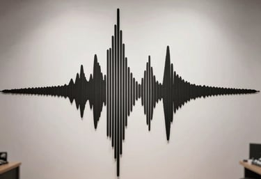 Clean, high-fidelity visualization of sound waves in a modern, light-filled studio. Minimalist and professional US-style atmosphere.
