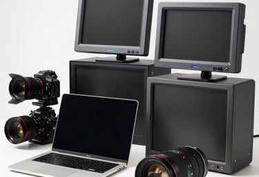 Professional photo of high-end studio gear including a silver laptop and slate grey monitors. Clean, bright, and professional US studio style.