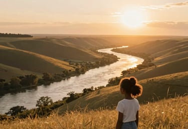 A serene woman meditating outdoors at sunrise, surrounded by soft natural light and greenery.