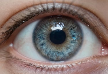 A macro photograph of an eye's iris reflecting a digital interface, representing deep insight. The colors are muted steel blue and dark slate navy.