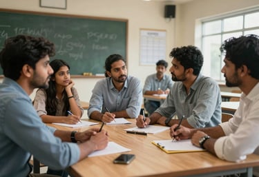 A professional development workshop in a modern Indian school where educators are discussing new story-based teaching strategies around a wooden table.