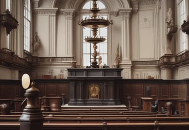 A courtroom setting with a judge and lawyers.