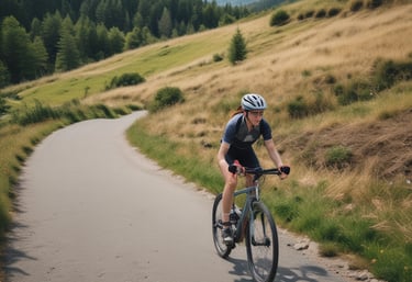 A happy woman cyclist riding pain-free on a sunny trail.