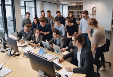 A diverse team of IT professionals collaborating in a modern office space with Belgian cultural accents.