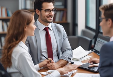 Close-up of hands analyzing accounting documents and tax forms on a desk with a laptop.
