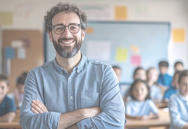 Male teacher smiling in front of blurred seated students