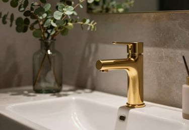 Close-up of a designer bathroom sink with a contemporary gold faucet and a vase with minimalist greenery, reflecting a professional and elegant aesthetic.