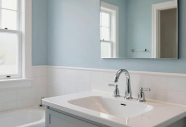 A beautifully renovated, modern master bathroom in a North American home featuring high-end fixtures and clean lines, showcasing professional installation results in light blue and off-white.