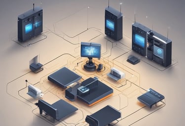 a computer desk with a monitor, monitor, and a laptop