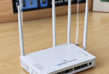 Close-up of a glowing yellow Upnet logo on a sleek black modem against a dark background.