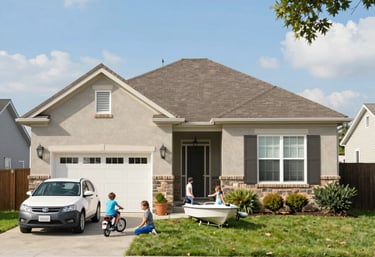 A cozy family home surrounded by trees on a sunny day.
