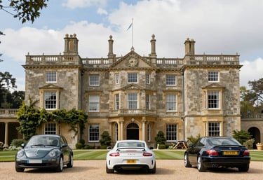 A mansion on a beautiful estate with nice cars in front