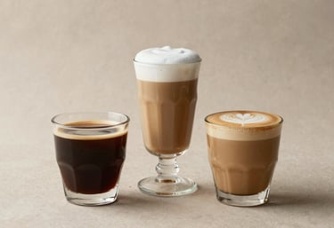 A collection of three different coffee drinks in glass cups—an espresso, a latte, and a flat white—arranged artistically on a light beige textured background with soft coffee-toned lighting.