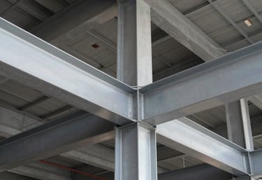 Symmetrical shot of finished structural steel beams in a modern architectural building, silver grey palette, North American / Mexican industrial design.