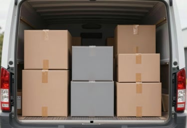 A neatly organized interior of a moving truck showing boxes secured with straps. The arrangement is orderly, reflecting efficiency and professionalism. Accents of #B8A081.
