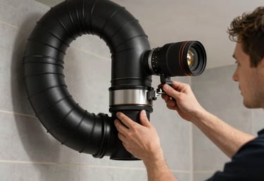 A technician mounting a stylish black duct pipe for a kitchen chimney, showing precision and careful craftsmanship.