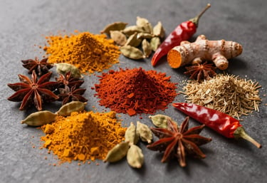 A vibrant assortment of whole spices including turmeric, cardamom, and chili arranged artistically. The style is professional food photography with high clarity and warm lighting.