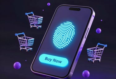 An ultra-modern e-commerce checkout screen glowing with neon purple call-to-action buttons.