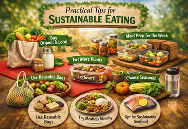 Sustainable eating infographic with tips on organic shopping, meal prep, plant-based foods, reducing waste, seasonal picks