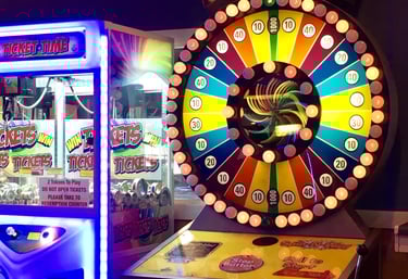 arcade game with wheel and bright lights