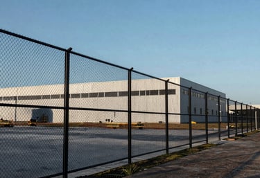 Wide-angle photography of a completed large-scale perimeter fencing project for a modern logistics center, South American architecture, clear blue sky.