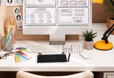 Escritorio creativo con wireframes, iPad, herramientas de diseño y referencias visuales
