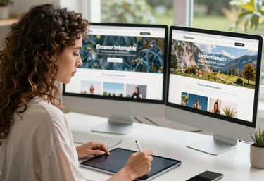 Mujer diseñando una página web desde un escritorio frente al jardín