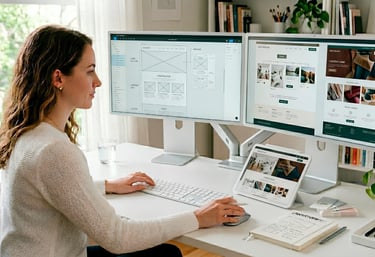 Escritorio creativo con wireframes y herramientas de diseño web estratégico