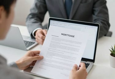 A professional mortgage advisor discussing loan options with a young couple in a bright, modern office.