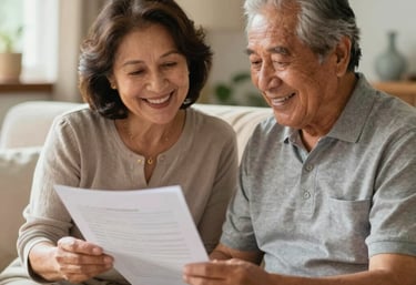 A professional mortgage advisor discussing loan options with a young couple in a bright, modern office.