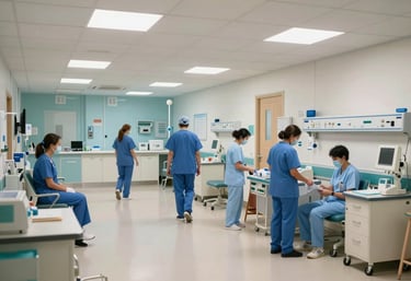 A bright and organized nursing station in a modern British hospital at night, emphasizing constant readiness and reliability.