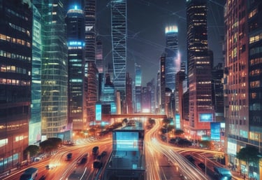 Futuristic city skyline glowing with 6G network signals at dusk.