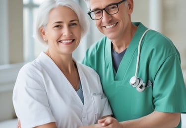 A caring healthcare professional using a tablet displaying AI health data.